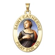 Saint Catherine of Alexandria OVAL Religious Medal Color 2/3 X 3/4 Inch Size of Nickel, Solid 14K Yellow Gold