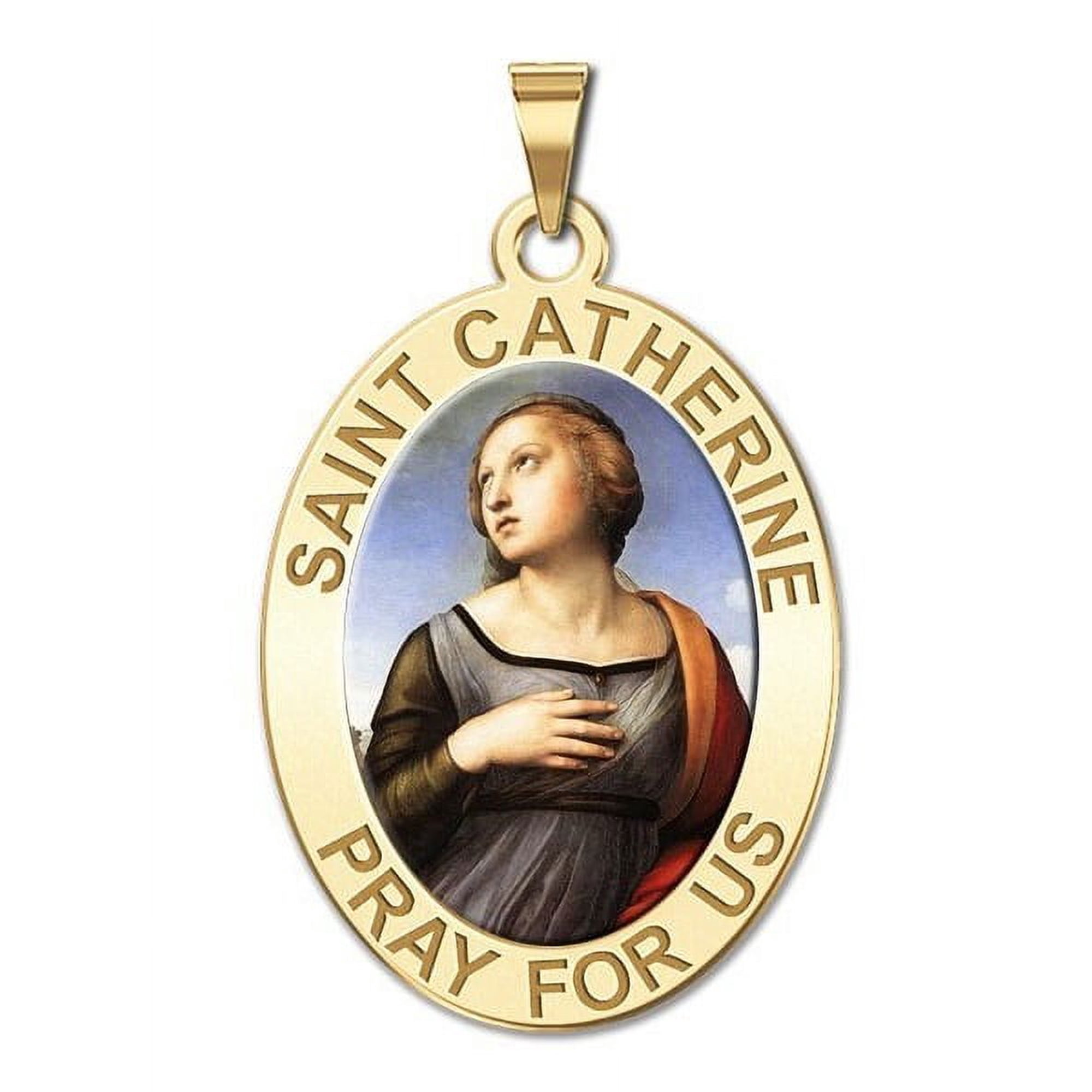 Saint Catherine of Alexandria OVAL Religious Medal Color 2/3 X 3/4 Inch Size of Nickel, Solid 14K Yellow Gold