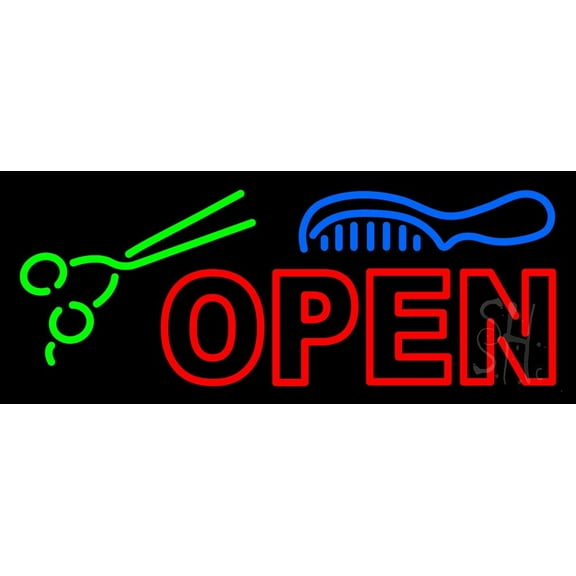Double Stroke Open With Scissor And Comb LED Neon Sign 13 x 32 - inches, Black Square Cut Acrylic Backing, with Dimmer - Bright and Premium built indoor LED Neon Sign for Defence Force.
