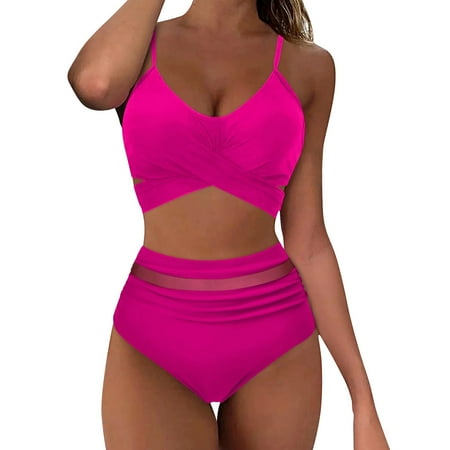 Spentoper Women s Summer Solid V Neck Cutout Paneled Bikini Set Hot Pink 2XL
