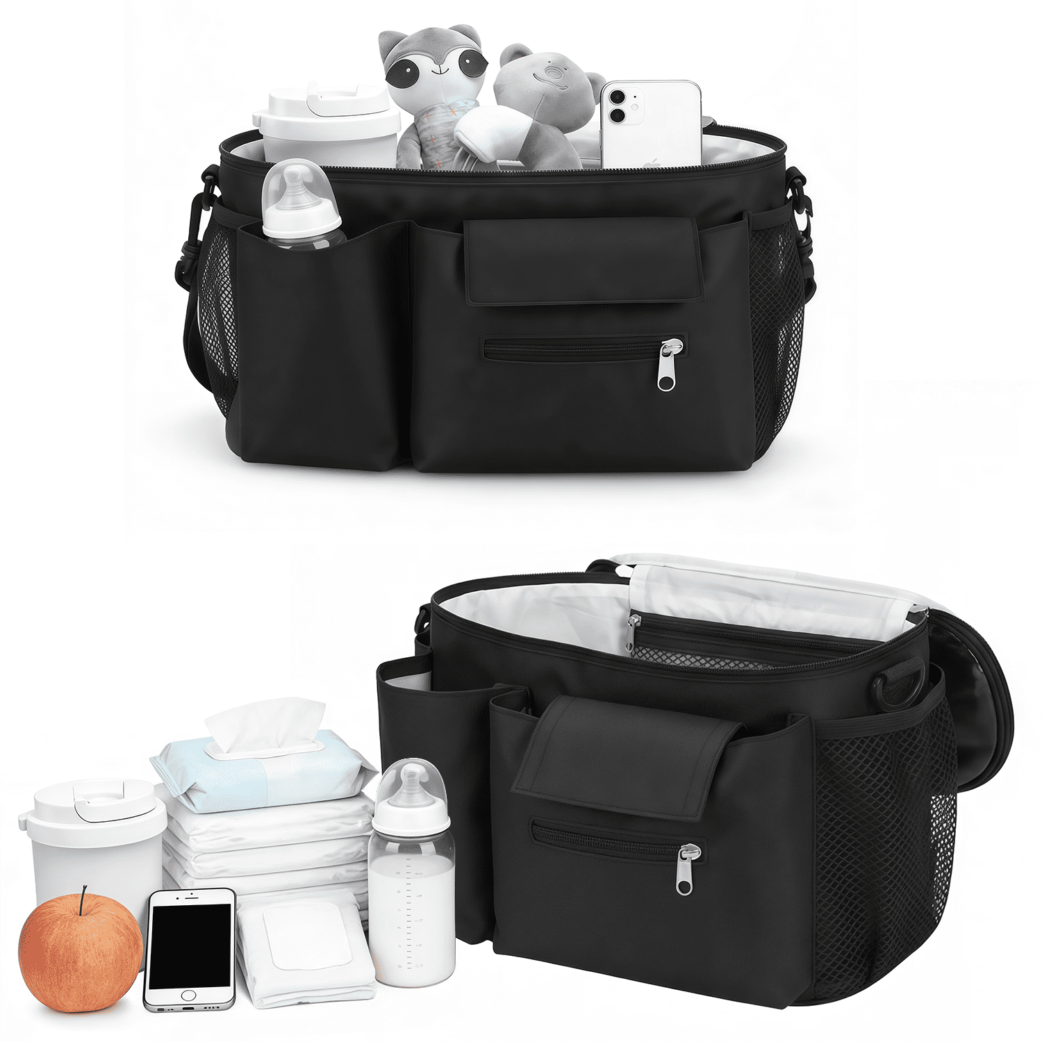 Universal Stroller Organizer Caddy - Large Capacity Waterproof Hanging Bag with Cup Holders, Phone Pocket & Detachable Strap for Strollers & Cribs (Black)
