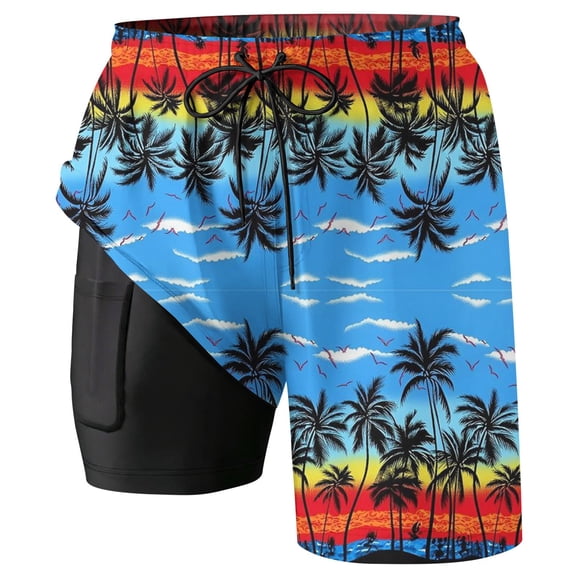Men's Beach Swim Trunks With Double Layer Design For Everyday Casual Summer Hawaii Beach Wear Versatile Short Length Sporty Patterned Print Durable Fabric