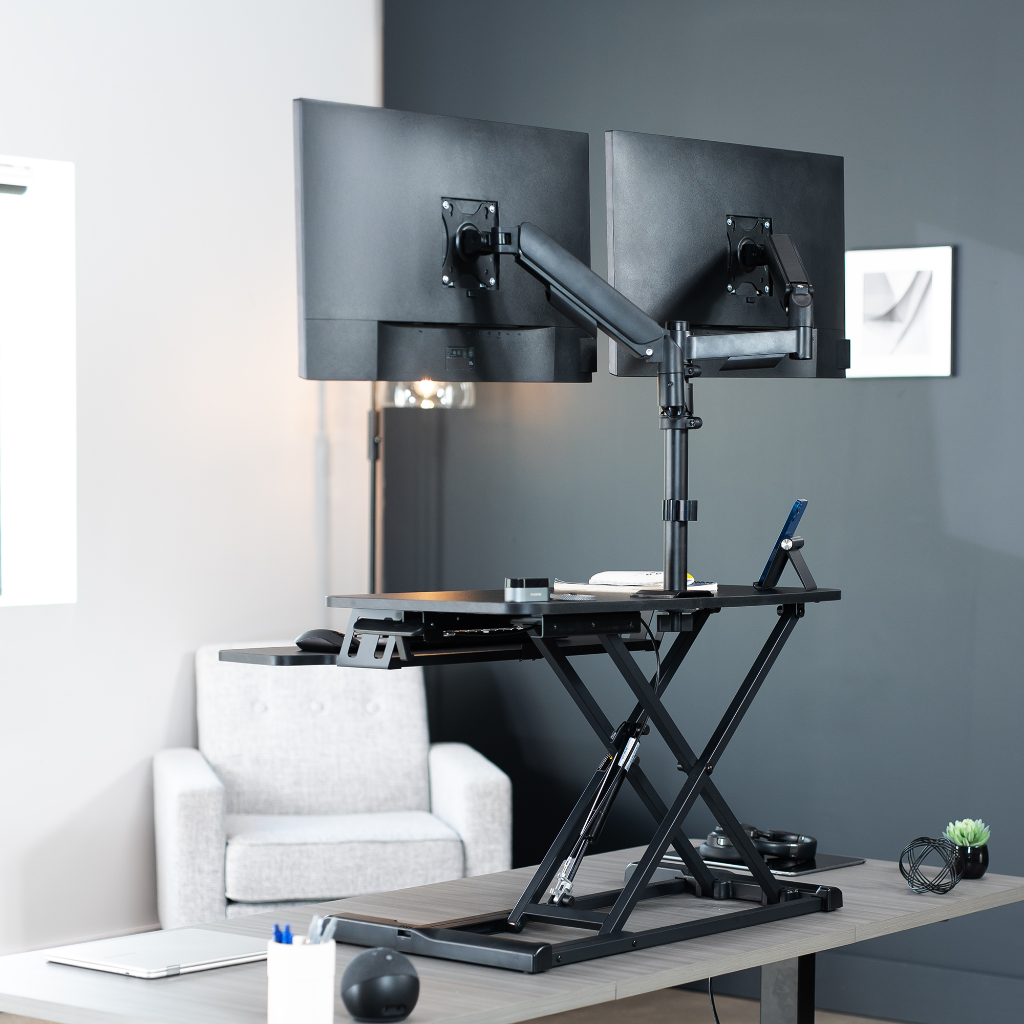 VIVO Black 32" Standing Desk Riser with Dual Monitor Arm for up to 32" Screens