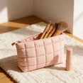 thumbnail image 3 of Hyknon Makeup Bag Travel Toiletry Bag, Quilted Simple Cosmetic Pouch with Zipper, Portable Nylon Makeup Organizer Case, Lightweight Puffy Padded Storage Bag for Women Work Trips Vacations Daily, Pink, 3 of 6