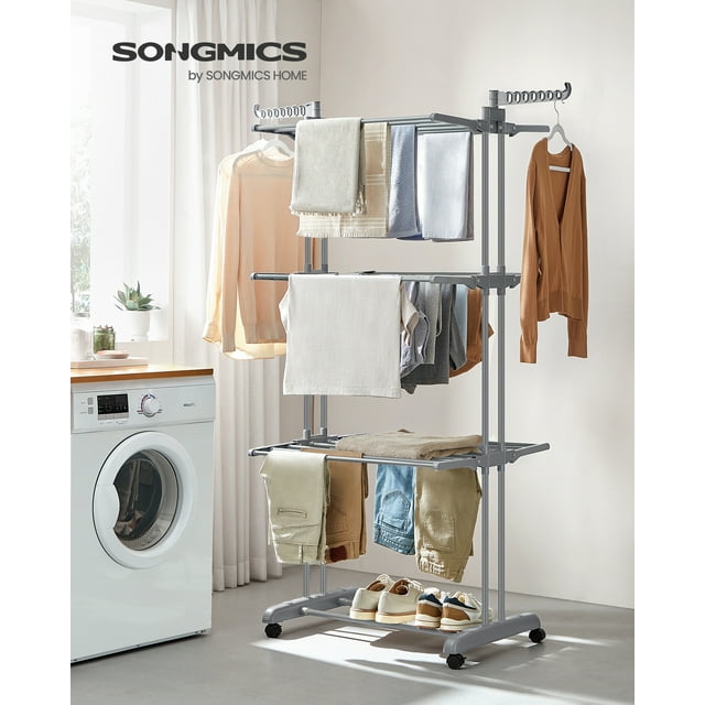 SONGMICS Clothes Drying Rack Stand 4-Tier, Laundry Drying Rack, Rolling Clothes Horses Dryer Rack, Gray