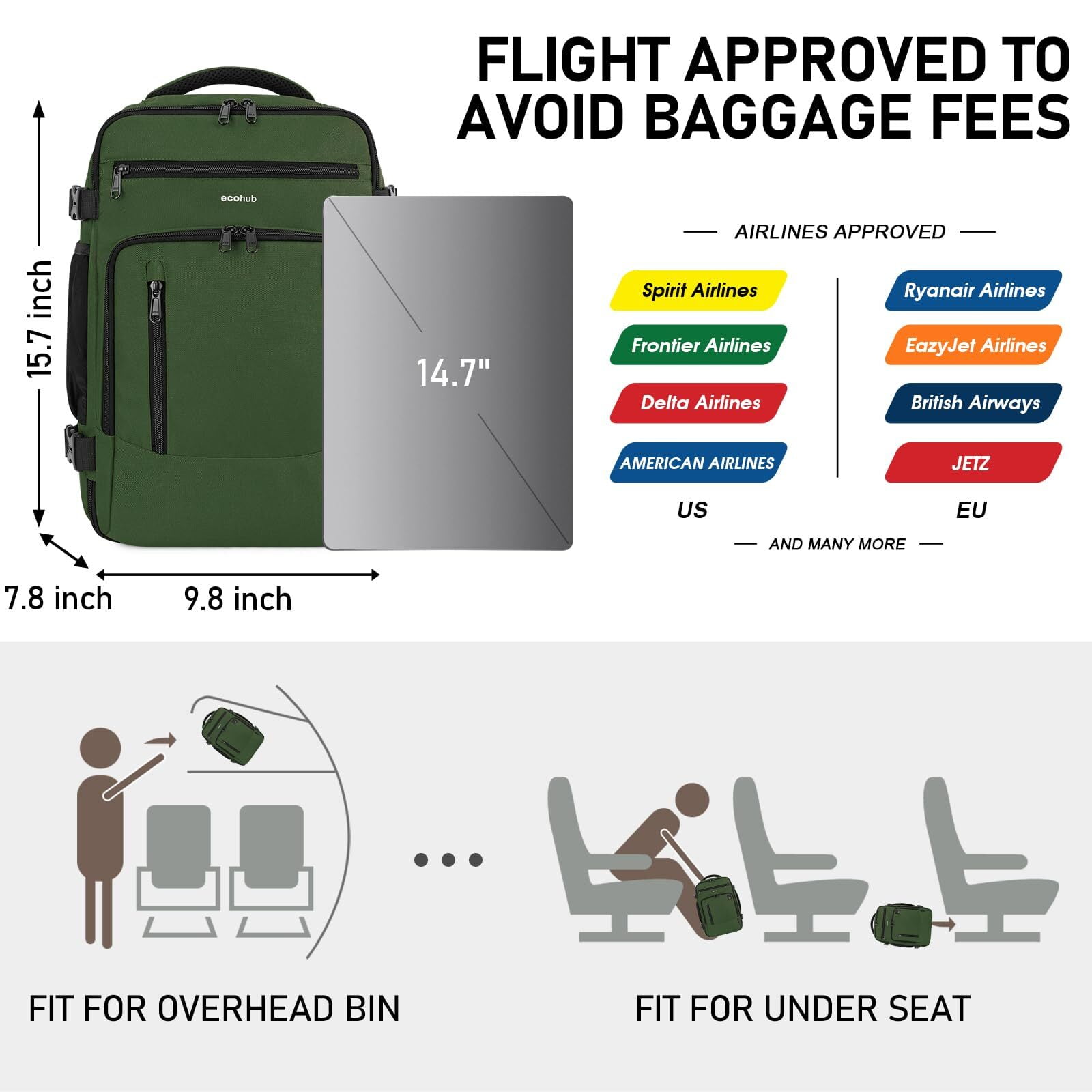 16" Travel Laptop Backpack with Handle Airline Approved Full Open Carry on Business Daypack for Women Men Travel Essentials Casual Hiking, 20L, Green