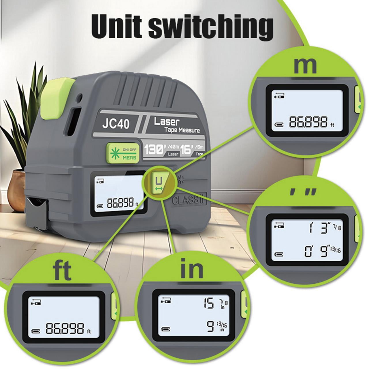 BOAYAL 2-in-1 Laser Tape Measure 131ft/40m Laser, 16ft/5m Tape, with Battery, LCD Backlit, Self-Locking, m/in/ft Measuring Tool Measurement Device