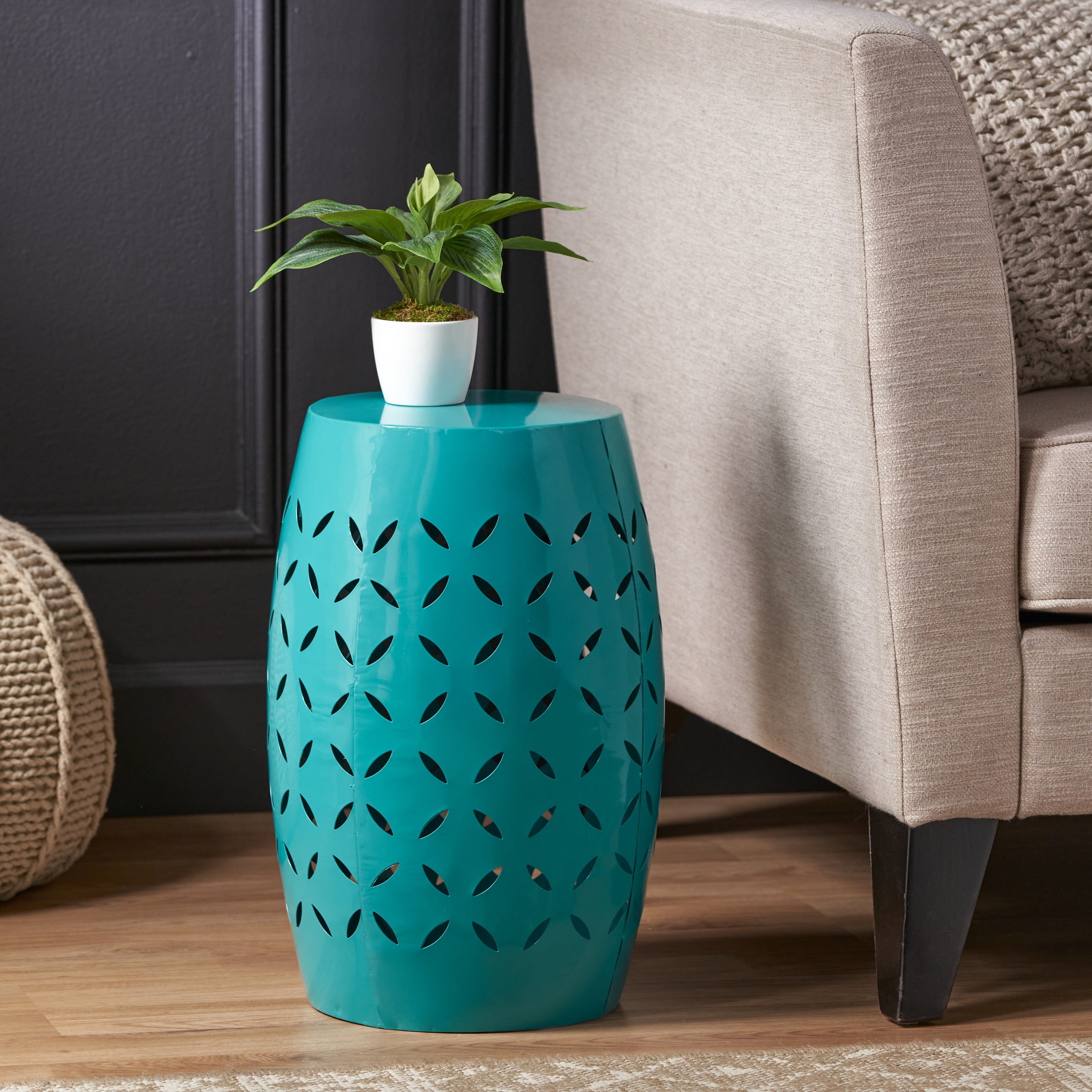 Euroco Lilac 12" Accent Side Table, Cylindrical Design End Table for Living Room, Family Room, or Entryway, Industrial Style,Coffee Side Tables for Indoor Outdoor, Teal Color