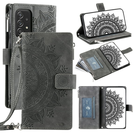 Feishell Zipper Wallet Case for Samsung Galaxy A52 4G/5G,for Women Men,Stylish Embossed Pattern PU Leather Multi Card Slots Magnetic Clasp Flip Stand Crossbody Phone Case with Shoulder Strap,Gray