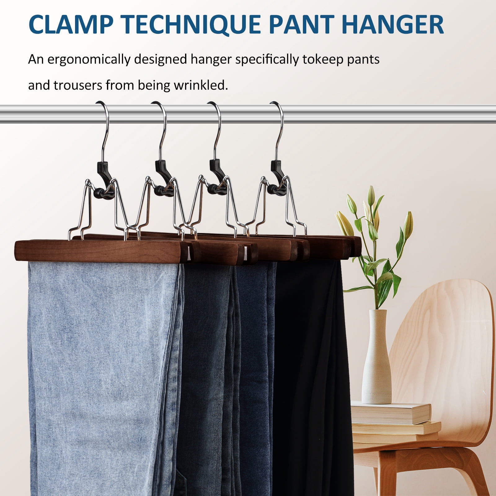 BagDream 12 Pack Wooden Pants Hangers with Clips, Smooth Finish Solid Wood Non Slip Skirt Hangers Jeans Slack Clamp Hanger, Walnut