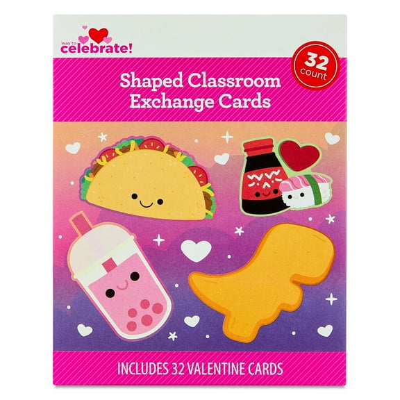 Food Shaped Classroom Exchange Cards, Multicolor, 32 Count, Valentine's Day by Way To Celebrate
