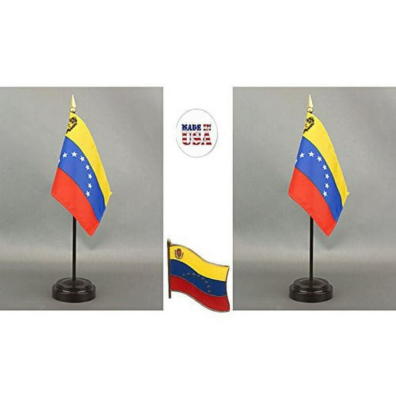 Made in The USA. 2 Venezuela 4"x6" Miniature Office Desk & Little Hand Waving Table Flags Includes 2 Flag Stands & 2 Venezuelan Small Mini Stick Flags, Plus 1 Venezuela Flag Lapel Pin.