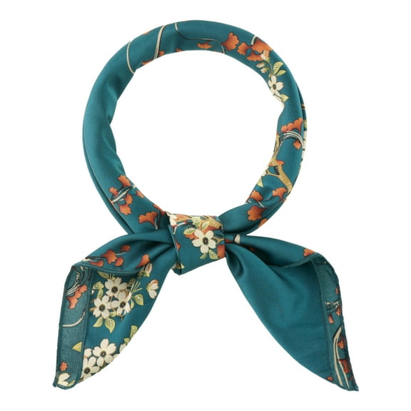 INSPIRE CHIC Women Floral Satin Scarves, Square Silky Neck Scarf Neckerchief, Skinny Long Ribbon Hair Band Square-Peacock Blue 27.6x27.6''(LxW)