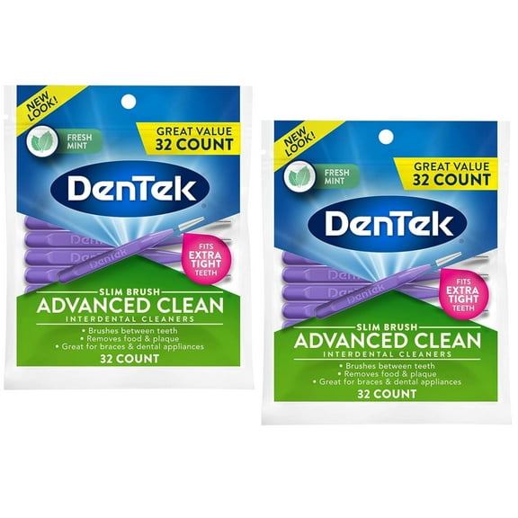 DenTek Slim Brush Advanced Clean Interdental Cleaners, Tight, Fresh Mint, 32 Count - 2 Pack