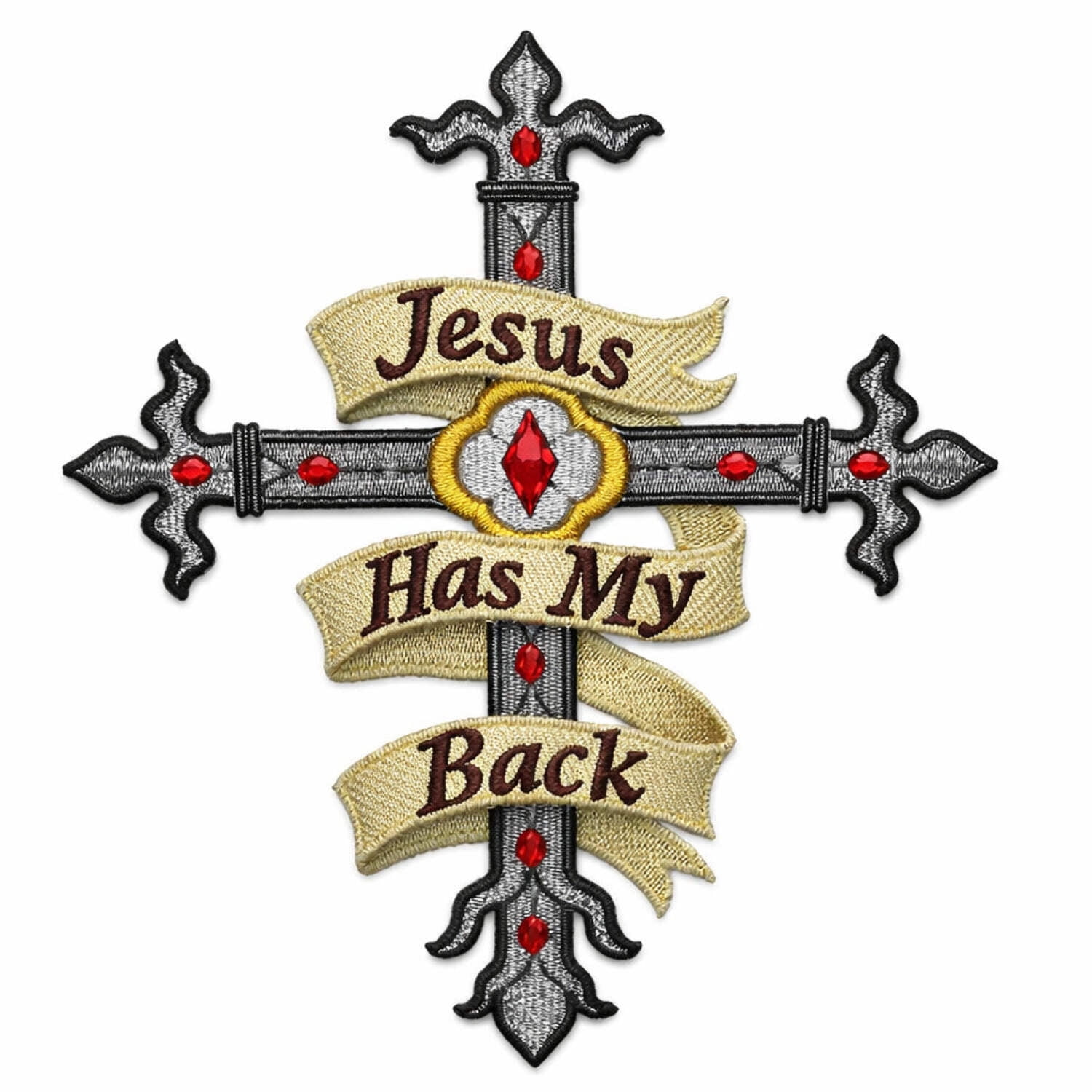 Holy Cross Jesus has My Back Embroidery Iron On/Sew Patch [6.5" x 4.87"]