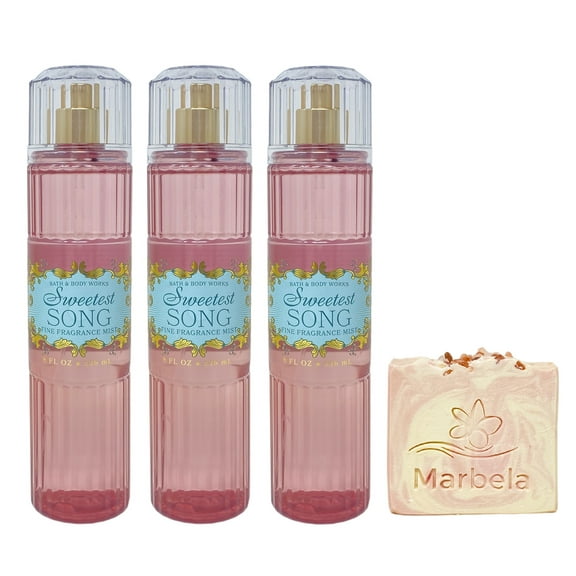 Bath & Body Works Sweetest Song 3 Pack Fragrance Mist Bundle with a Himalayan Salts Springs Bar Soap - Full Size