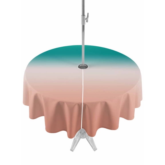 Outdoor Tablecloth with Umbrella Hole for Patio/Picnic/Party/Camping, Teal Pink Ombre Waterproof Table Cloth Round Cover Washable, Modern Gradient Abstract Art (Dia 54")