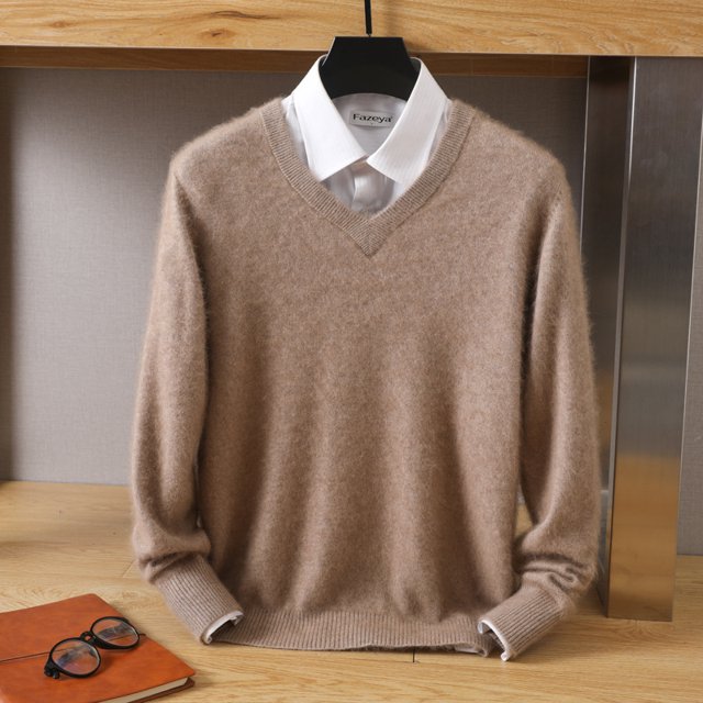 Suéter de visón de otoño e invierno para hombre, jersey holgado de color sólido con cuello en V, suéter de lana, suéter base, parte superior