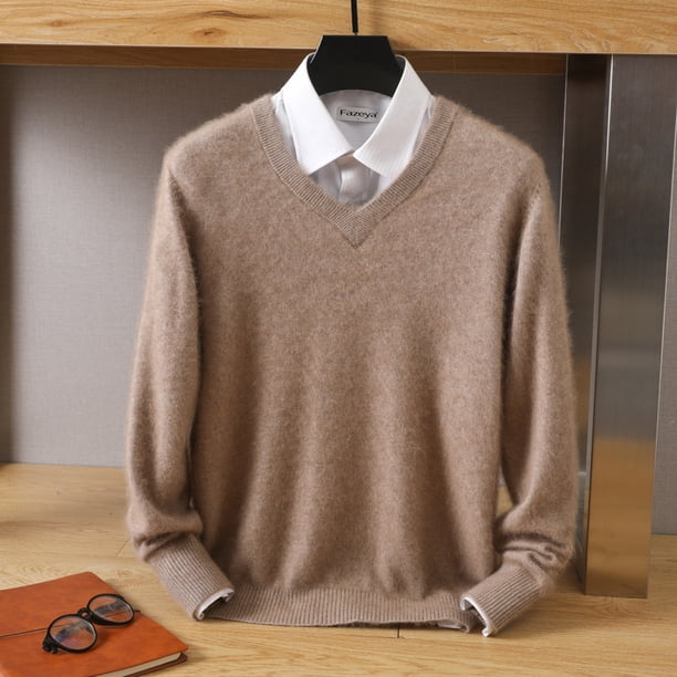 Suéter de visón de otoño e invierno para hombre, jersey holgado de color sólido con cuello en V, suéter de lana, suéter base, parte superior
