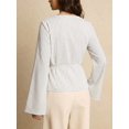 thumbnail image 4 of Women's Boat Neck Striped Tie Wrap Waist Irregular Flare Long Sleeve Shirt Blouse White L, 4 of 9
