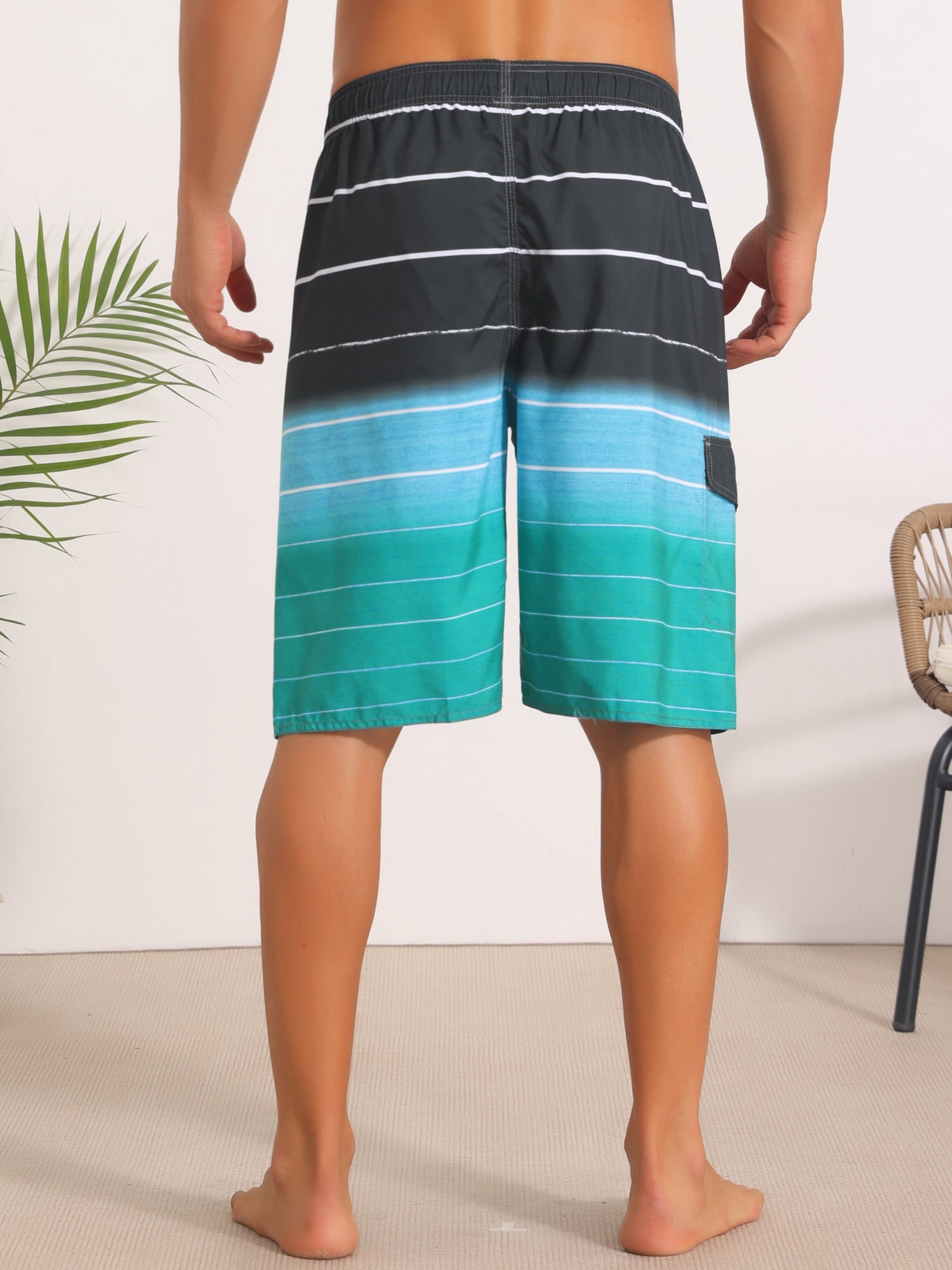 DARING DIVA Men's Striped Beach Drawstring Waist Board Shorts with Pockets 34 Black Green