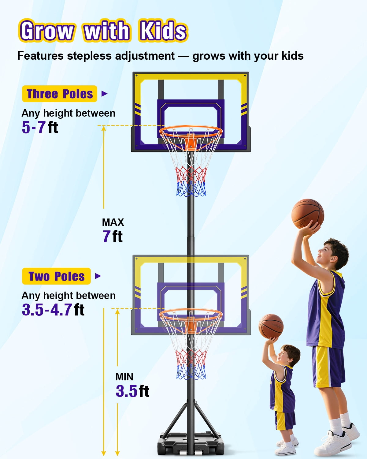 Tonbux Kids Basketball Hoop Adjustable 3.5-7ft, Portable Basketball Hoop & Goals for Kids/Teens/Youth in Backyard/Driveway/Indoor, Shatterproof PC Backboard and Multifuctional Base