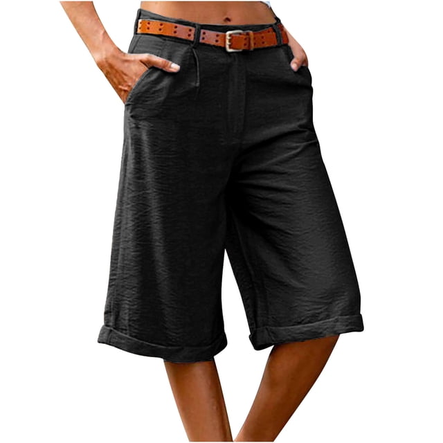 Yanlir Women's Summer Solid Color Zipper Button Pockets Shorts Solid Color Elastic Waist Knee Length Half Short Pants