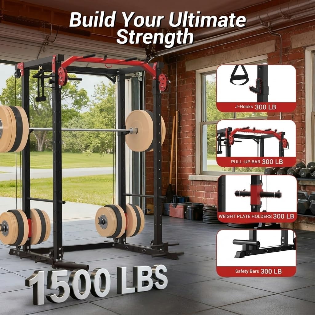 JoanKaren Power Rack Cage,2000lbs Capacity Weight Rack with Adjustable Cable Crossover Machine,Multi-Function Squat Rack with J Hooks,Dip Bars and Landmine,Balck&Red