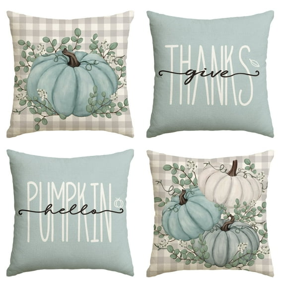 Sm:)e Thanksgiving Blue Pumpkin Give Thanks Eucalyptus Leaf Fall Throw Pillow Covers 18 x 18 Set of 4