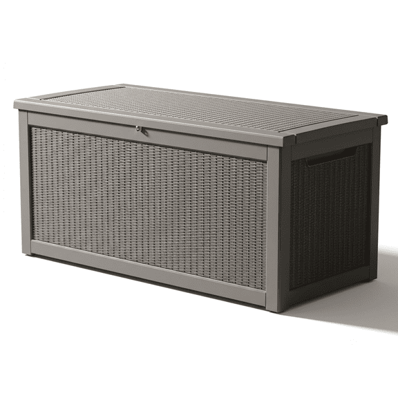 Decksplore 320 Gallon Extra Large Resin Deck Box, Soft Close Lockable Outdoor Storage, Tan