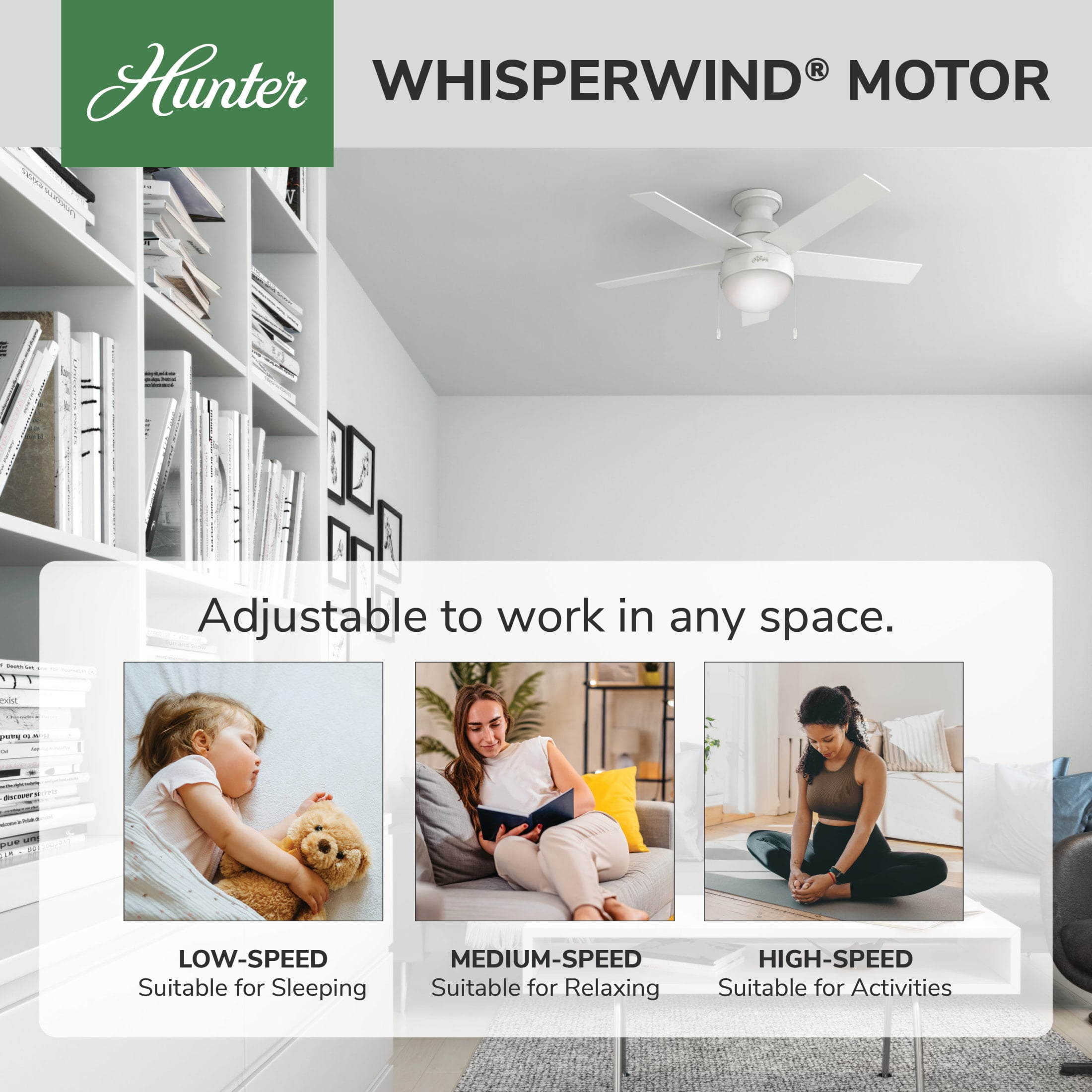 Hunter - Anslee Indoor Low Profile Ceiling Fan With Light, 46-inch, Fresh White, Modern-style, 3-speed WhisperWind Motor, 59269, for Living Rooms, Bedrooms