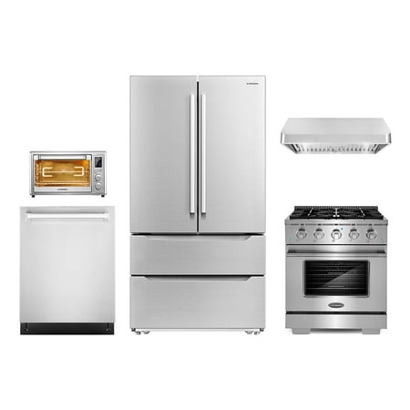 

5 Piece Kitchen Package with 30 Freestanding Gas Range 30 Under Cabinet Range Hood 24 Built-in Fully Integrated Dishwasher French Door Refrigerator & 20 Electric Air Fryer Toaster Oven