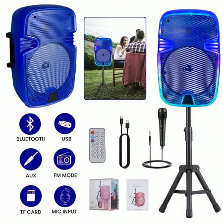 Portable Bluetooth Speaker System with 8" Subwoofer, Microphone, Tripod Stand, LED Lights & Remote – Rechargeable Wireless PA Speaker with AUX, FM Radio, and Heavy Bass for Parties and Events
