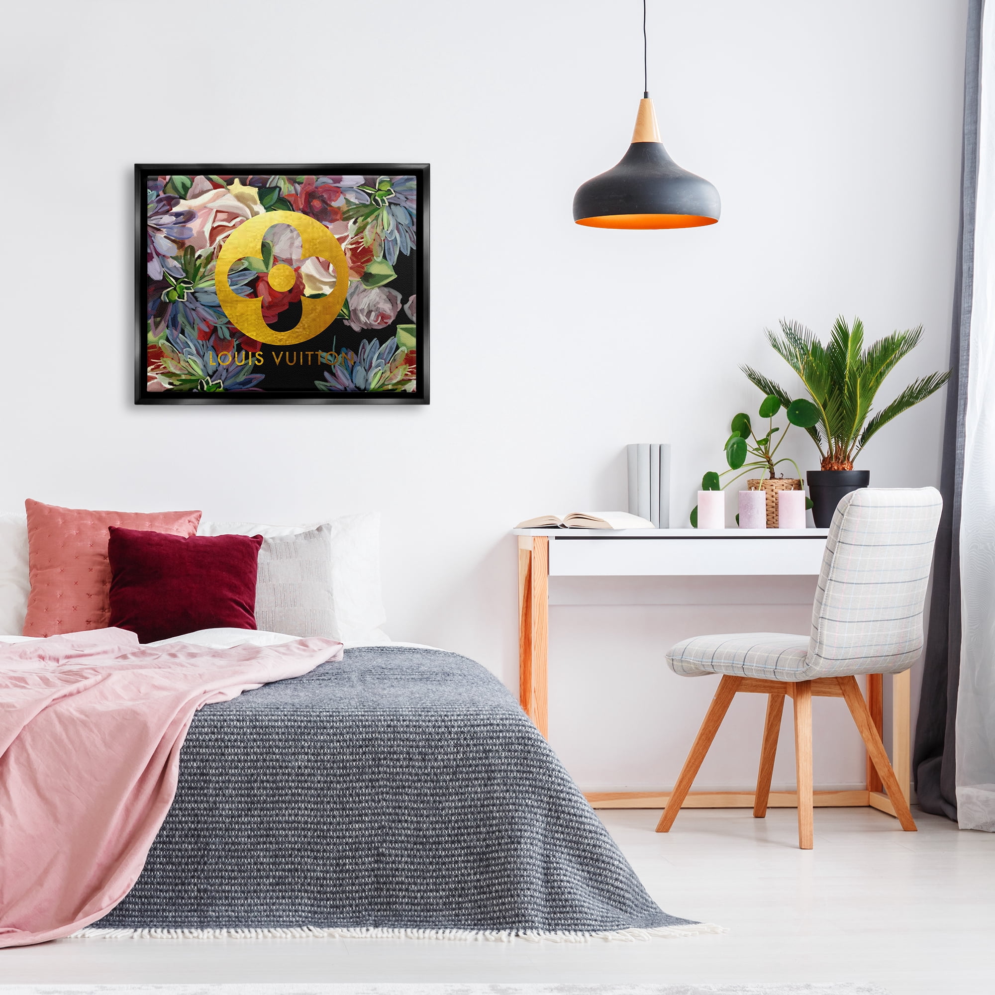 Stupell Industries Floral Glam Fashion Logo Botanical & Floral Painting Black Floater Framed Canvas Art Print Wall Art, 31 x 25