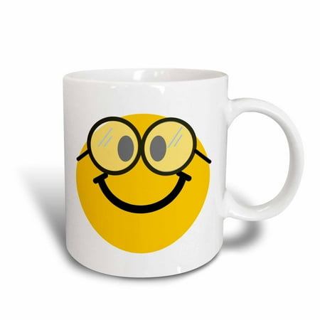 - 3dRose Geeky smiley face Cute geek Happy nerd yellow smilie with glasses Smiling studious cartoon smile, Ceramic Mug, 11-ounce