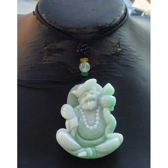 Certified Green Burma  Natural A Jade jadeite pendant Happy Ji Kung Buddha God Fan Gourd Necklace 586273 TN