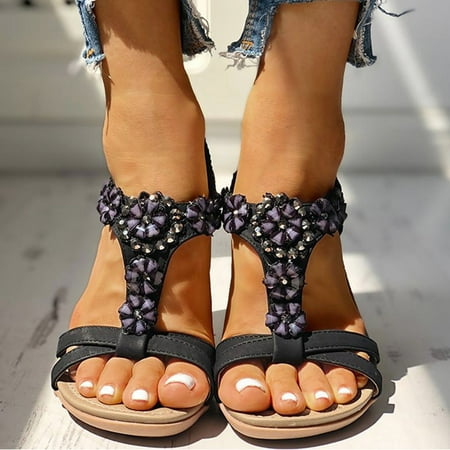 

HIBRO Summer Womens Studded Flower Embellished Flat Sandals Shoes Crystal Sandals