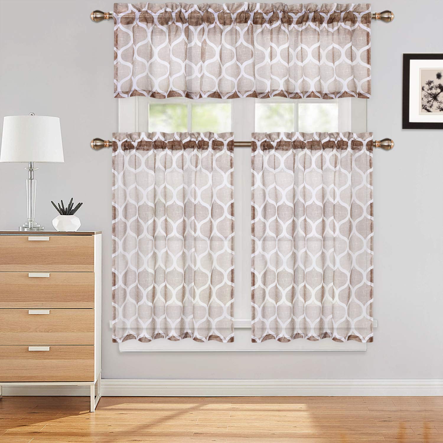 CAROMIO Sheer Tier Kitchen Curtains and Geometric Valance 54 x 15 Set,Brown Taupe,Set of 3 36
