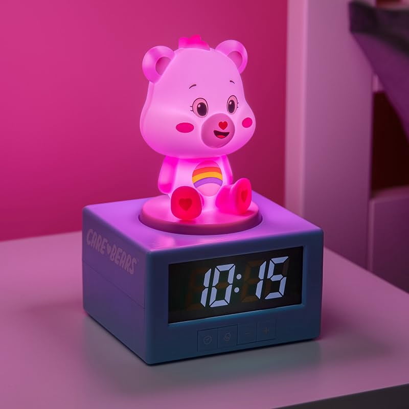 Care Bears Pink Cheer Bear Digital Alarm Clock with Night Light and Music, officially licensed bedroom decor for girls and women, battery-operated pop culture product | Paladone
