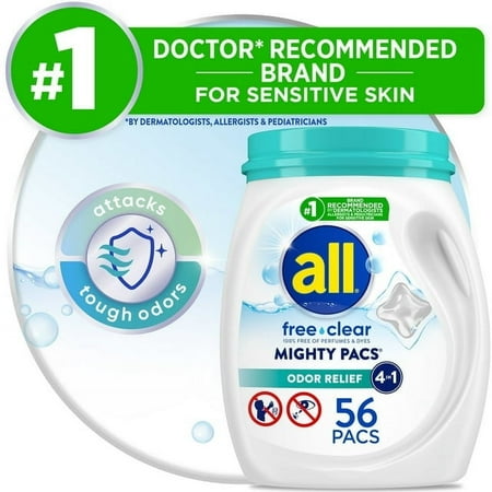 All Mighty Pacs Laundry Detergent, Free Clear Odor Relief, Tub, 56 Count (4 Pack)