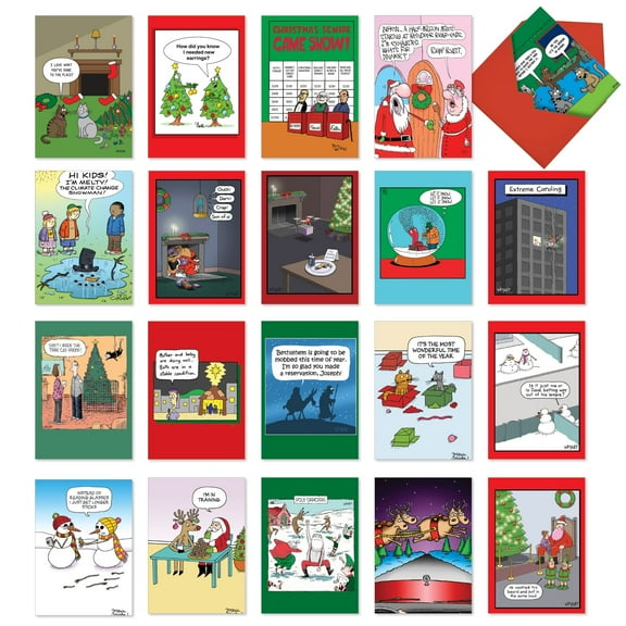 NobleWorks 20 Assorted set Funny Christmas Greeting Cards w/5 x 7 Inch Envelopes (20 Designs, 1 Each) Merry Toons AC3485XSG-B1x20