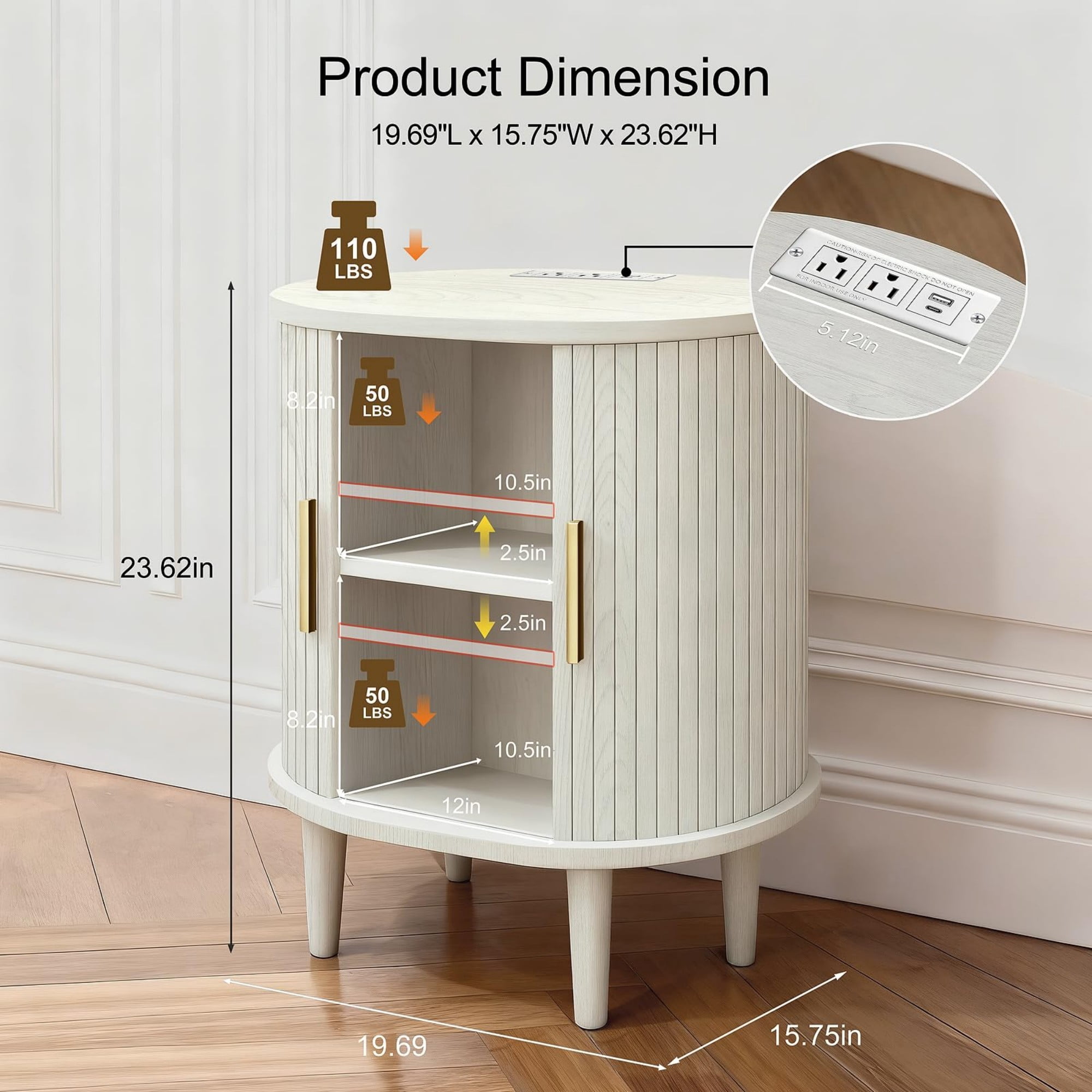 Mid Century Modern Nightstand with Charging Station, Fluted Side Table with Sliding Door & Adjustable Shelf, White