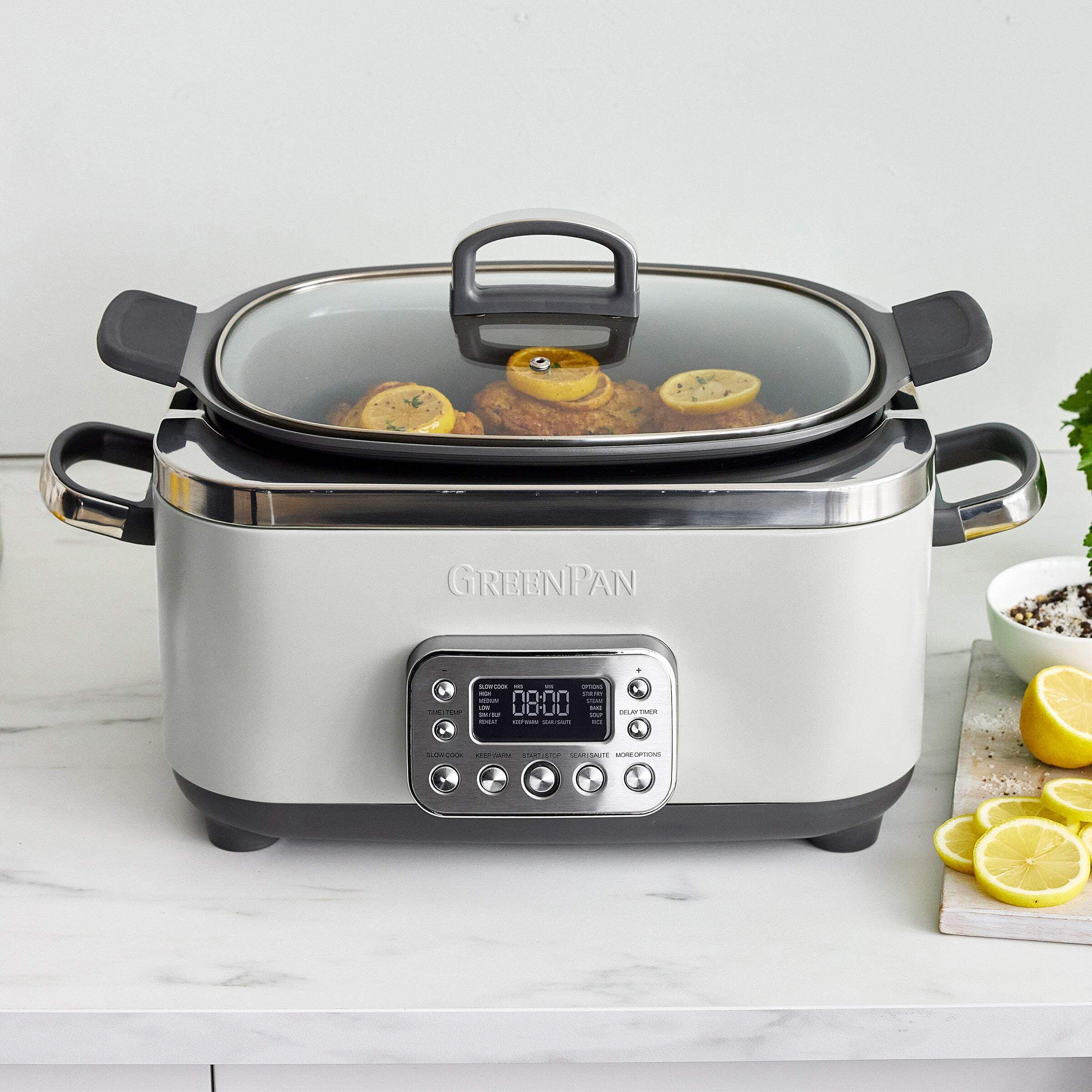 GreenPan 6-Quart, 14-in-1 Slow Cooker, Family Size, Ceramic Nonstick, Dishwasher Safe Parts, Cream