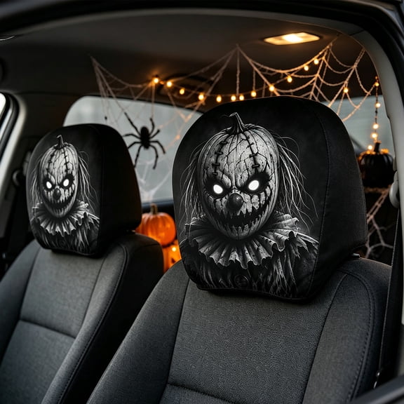 Halloween Car Headrest Covers Set of 2, Scary Pumpkin Clown Horror Gothic Auto Seat Protector, Spooky Vehicle Interior Decor