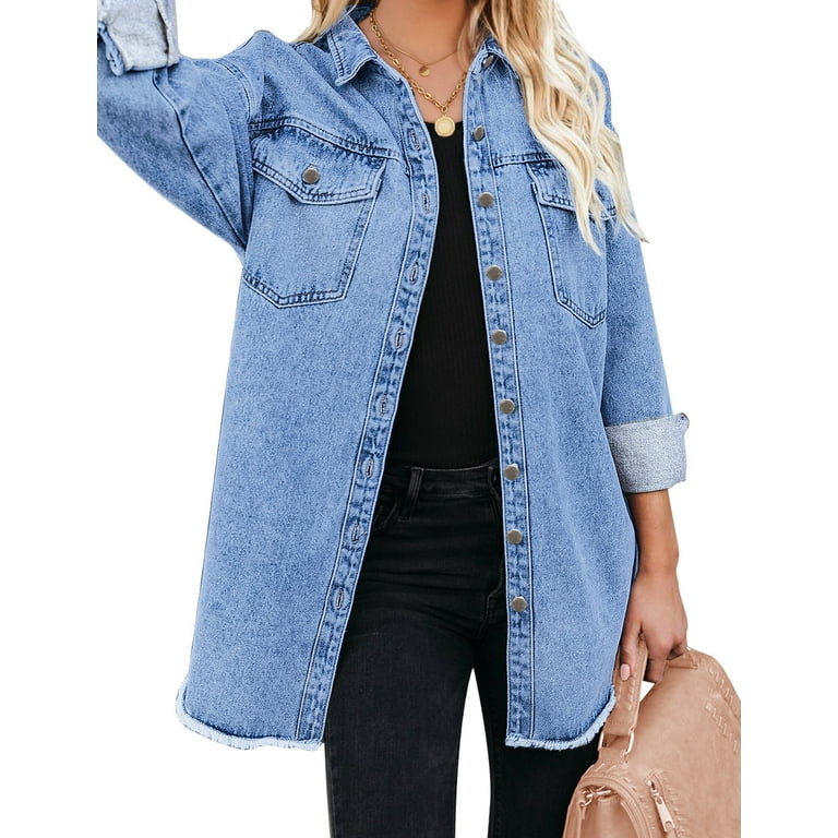 Olyvenn Deals Womens Oversized Casual Washed Worn Hole Loose Oversized Coat  Long Sleeve Jacket Fashion Relaxed Party Comfy Hoodless Denim Outwear  Jackets Blue 8 