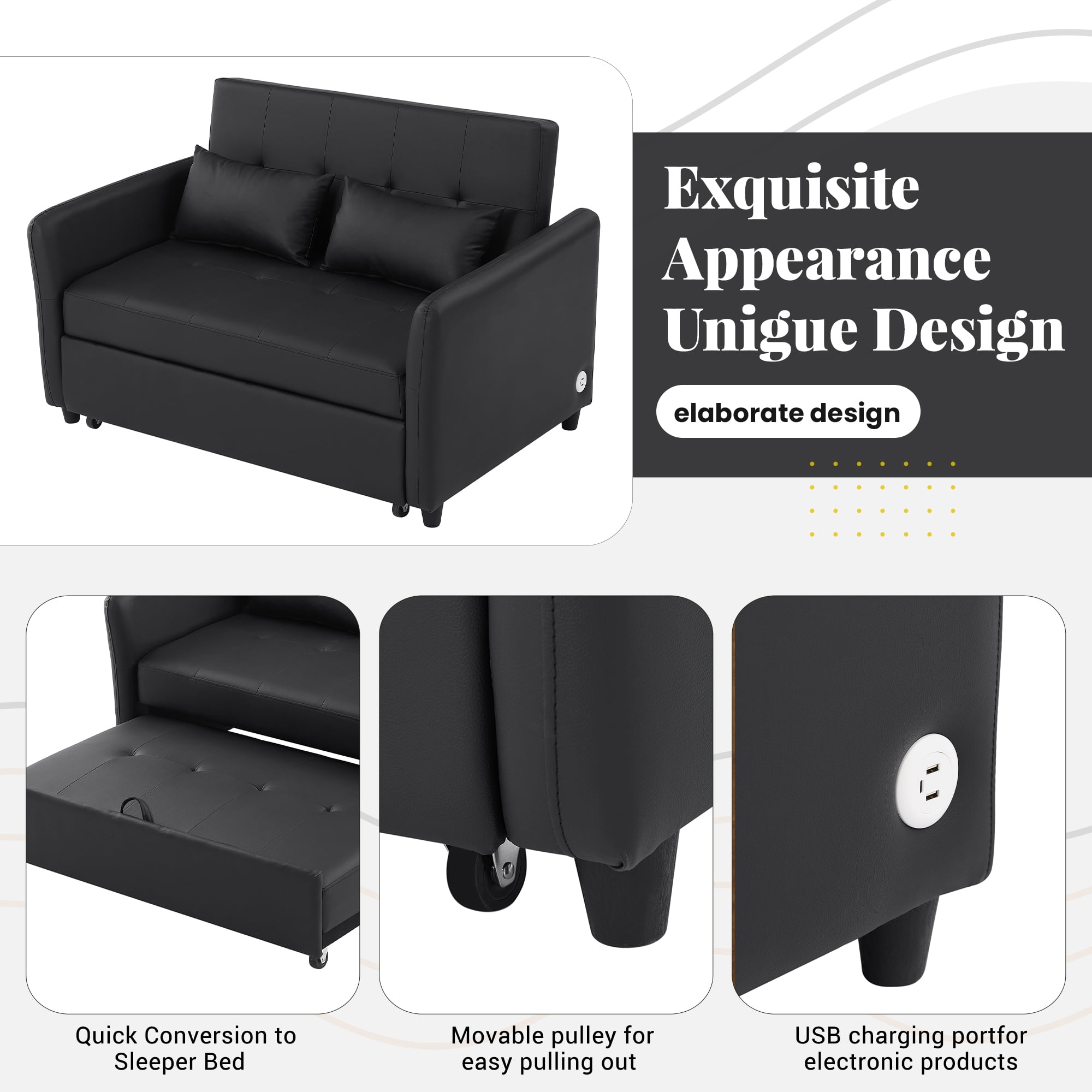 Convertible Sofa Bed,3-in-1 Sleeper Sofa Bed.PU Pull Out Bed Loveseat with USB Ports & Adjustable Backrest for Small Space,Living Room,Black