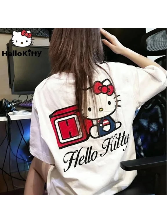 Sanrio Hello Kitty Cute White Tshirt Women's New Korean Y2k Streetwear Campus Style Tops Female Oversize Family Clothing