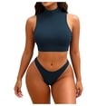 thumbnail image 2 of Trajes de baño para mujer, Trajes de baño para mujer, Traje de baño bikini de tirantes sin espalda de color liso para mujer, Conjunto de bikini con bloques de color y hombros descubiertos, Traje de ba, 2 of 7