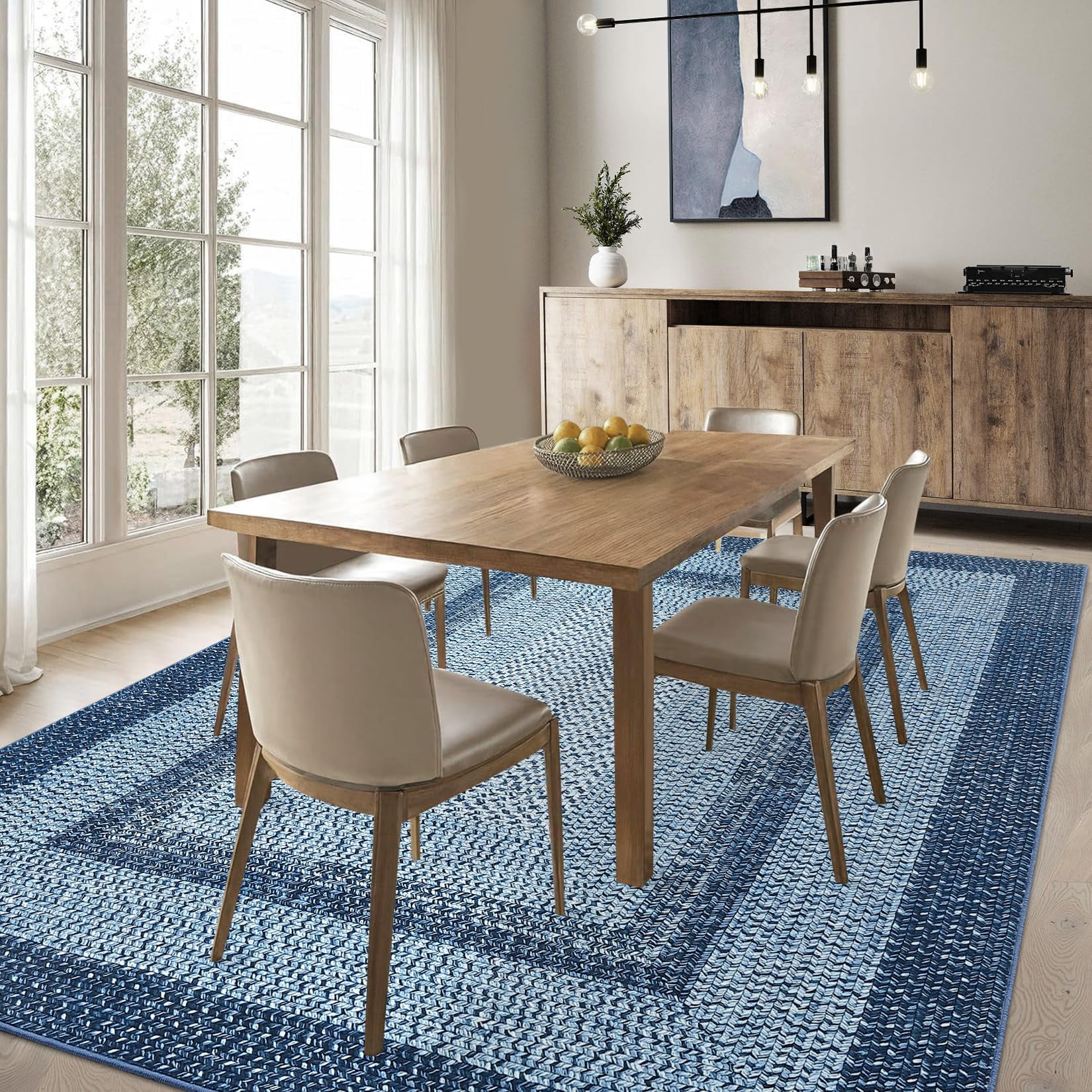 Modern Washable Area Rug 8'x10' Vintage Braided Print Non-Slip Low Pile Carpet for Living Room Bedroom Home Office, Gray and Blue