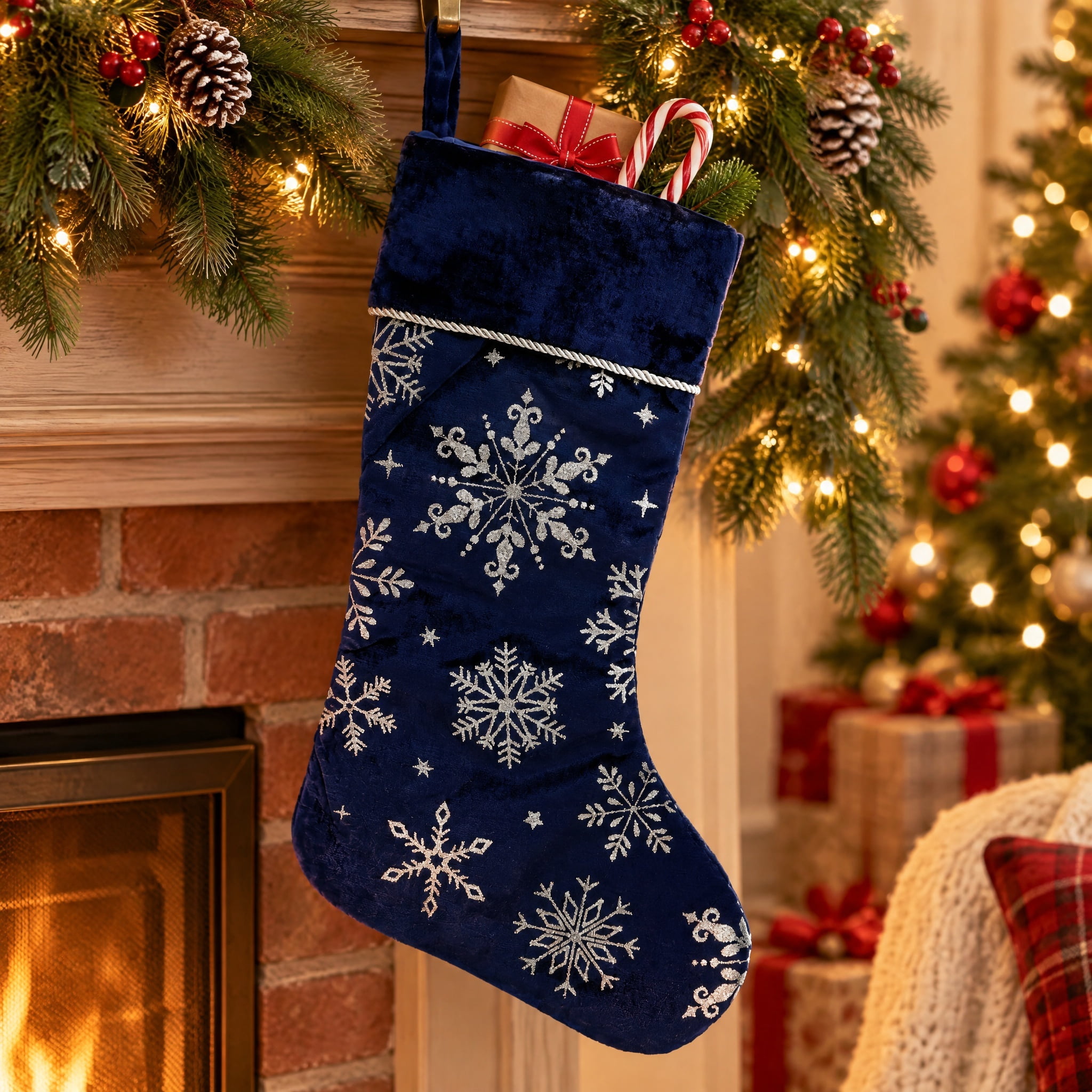Velvet Snowflake Christmas Stocking, Navy, 18", by Holiday Time